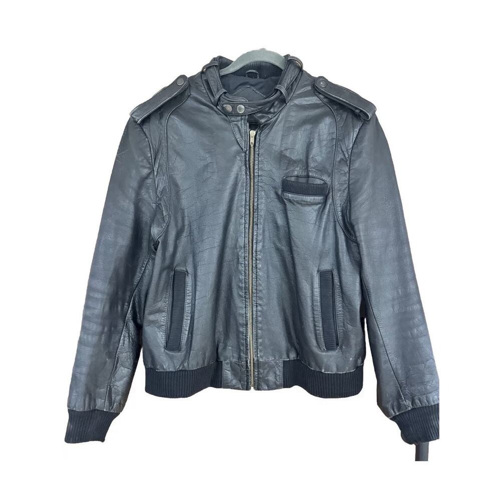 Cooper Collection Bomber Cafe Racer Biker Leather Black Jacket Size Men's 44 - Picture 6 of 16